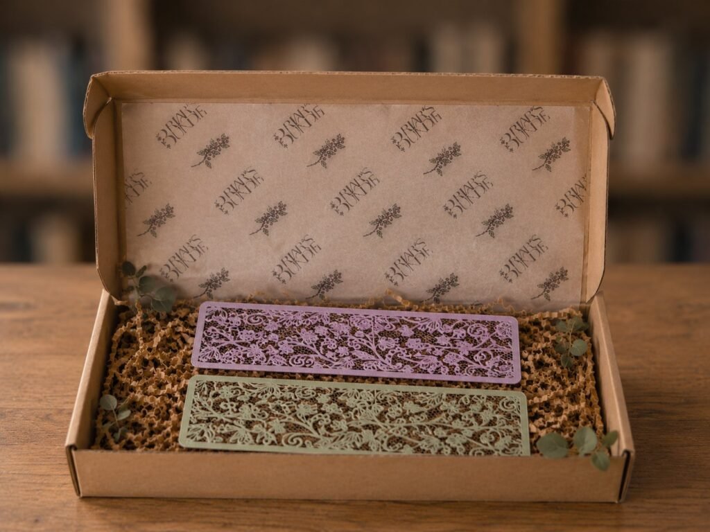 Dos marcapáginas calados imitando encaje floral, uno lila y otro verde salvia, sobre viruta de papel dentro de una caja