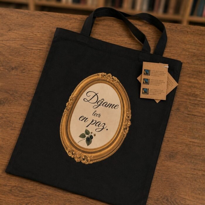 Bolsa de algodón negra con la ilustración «Déjame leer en paz» en marco dorado, sobre una mesa de madera