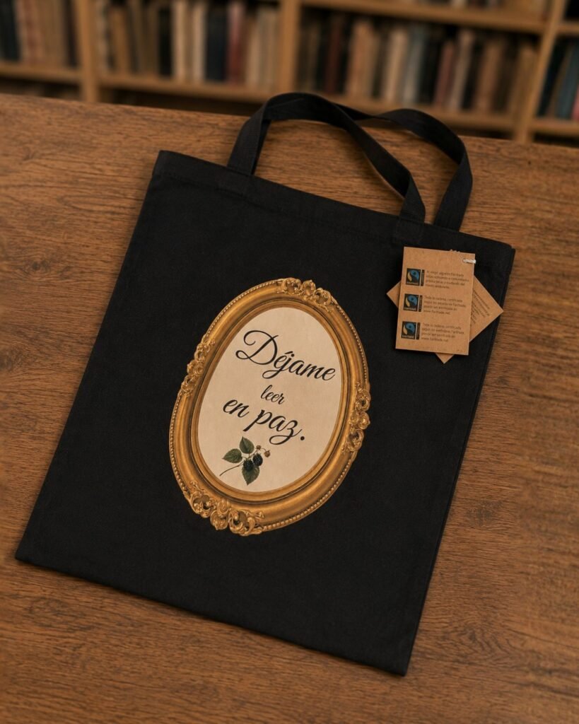 Bolsa de algodón negra con la ilustración «Déjame leer en paz» en marco dorado, sobre una mesa de madera